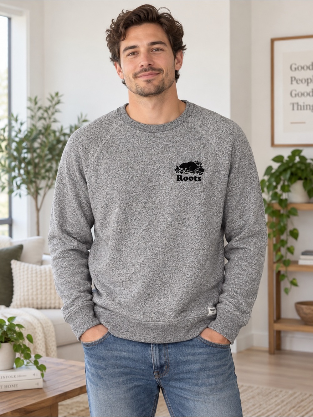 Roots Men's Gray Crewneck Sweatshirt with Black Logo